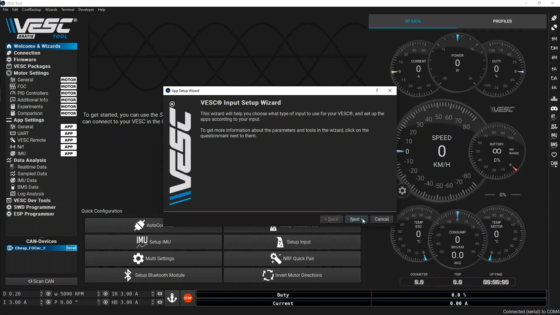 Vertile CFOCer VESC Tool: Open the VESC Input Setup Wizard.