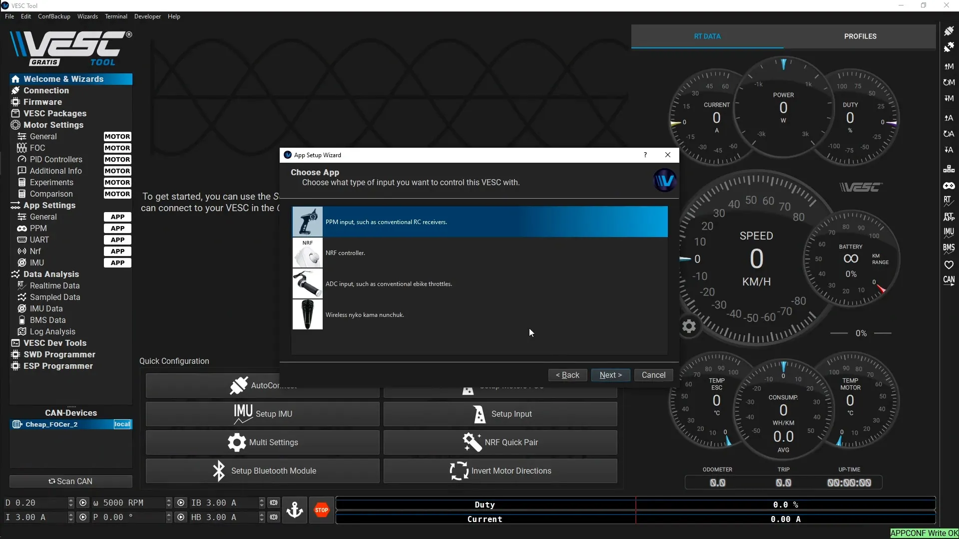 Vertile CFOCer VESC Tool: PPM Input option.