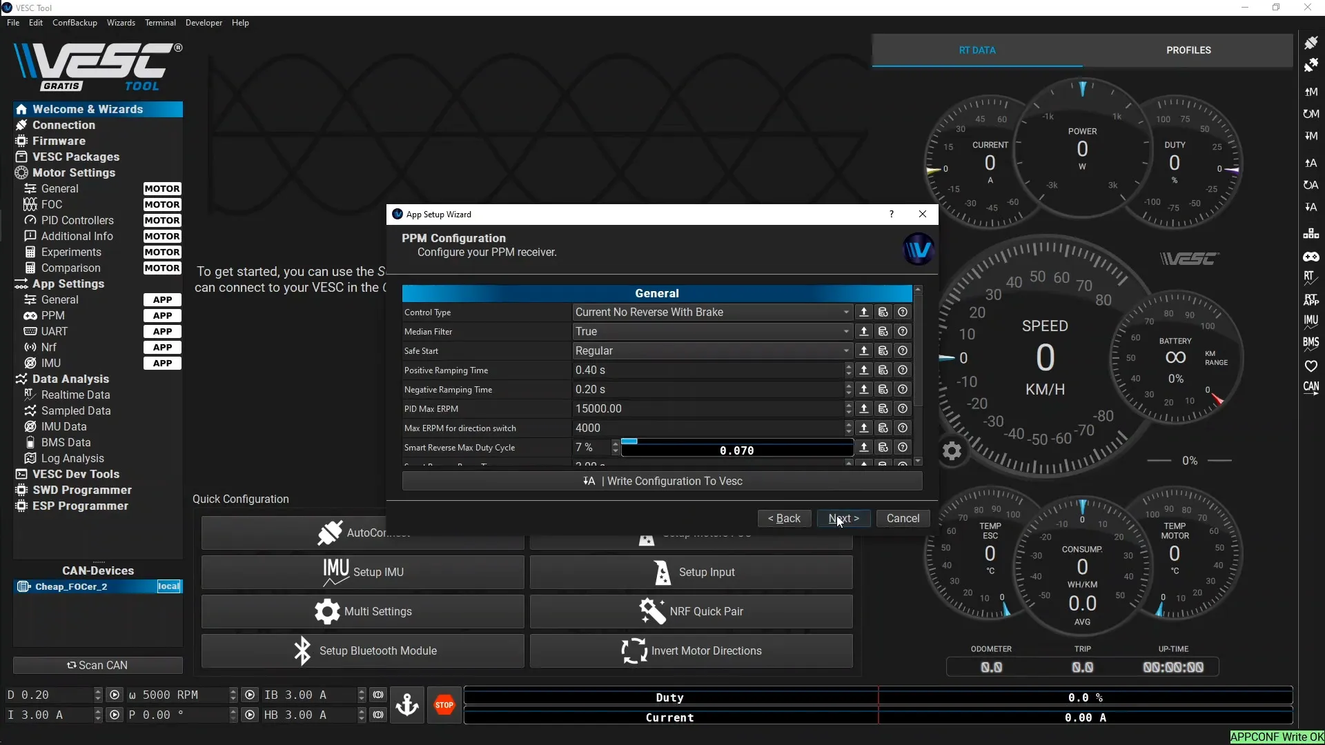 Vertile CFOCer VESC Tool: PPM Configuration.
