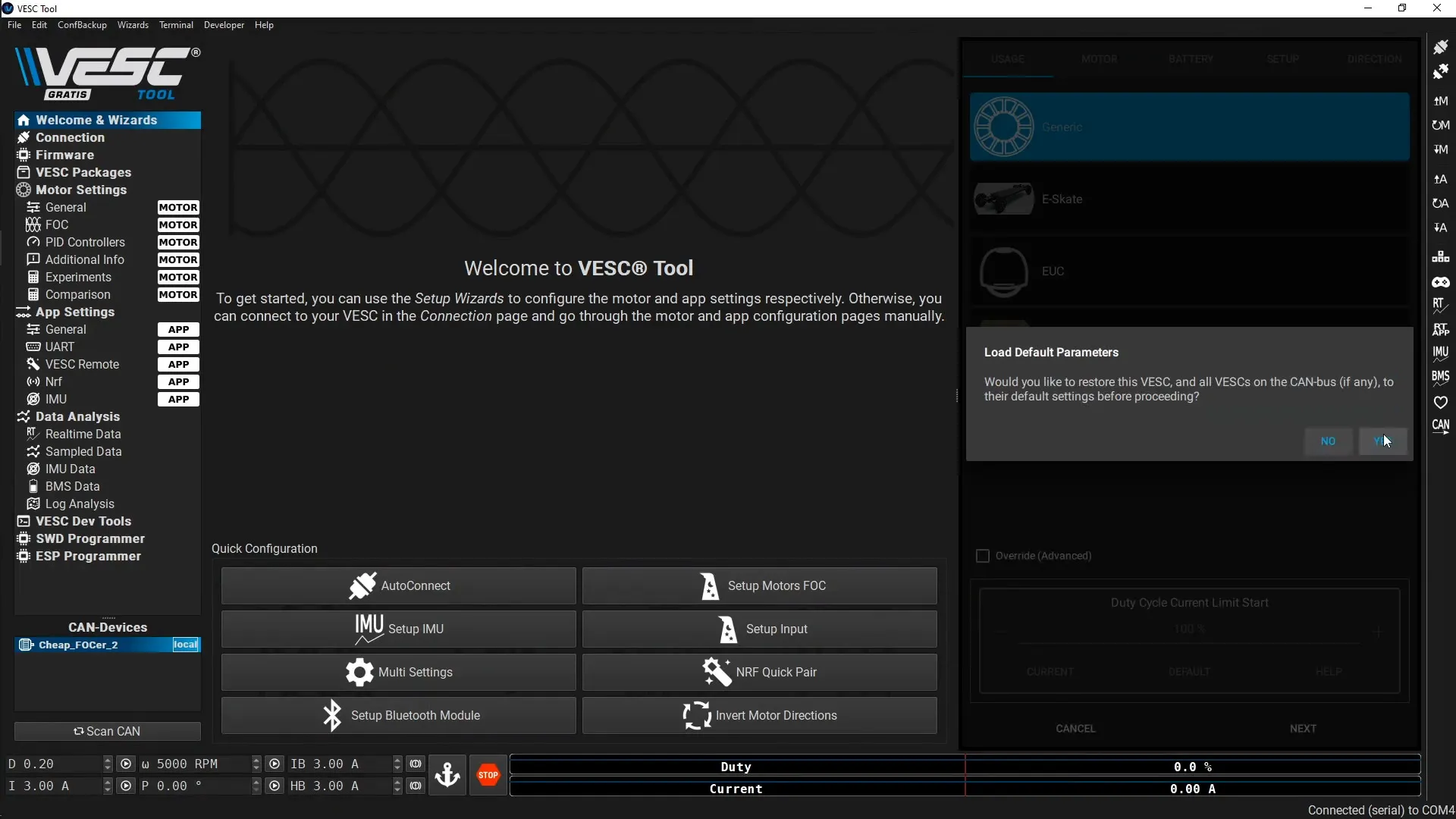 Vertile CFOCer VESC Tool: Reset parameters.