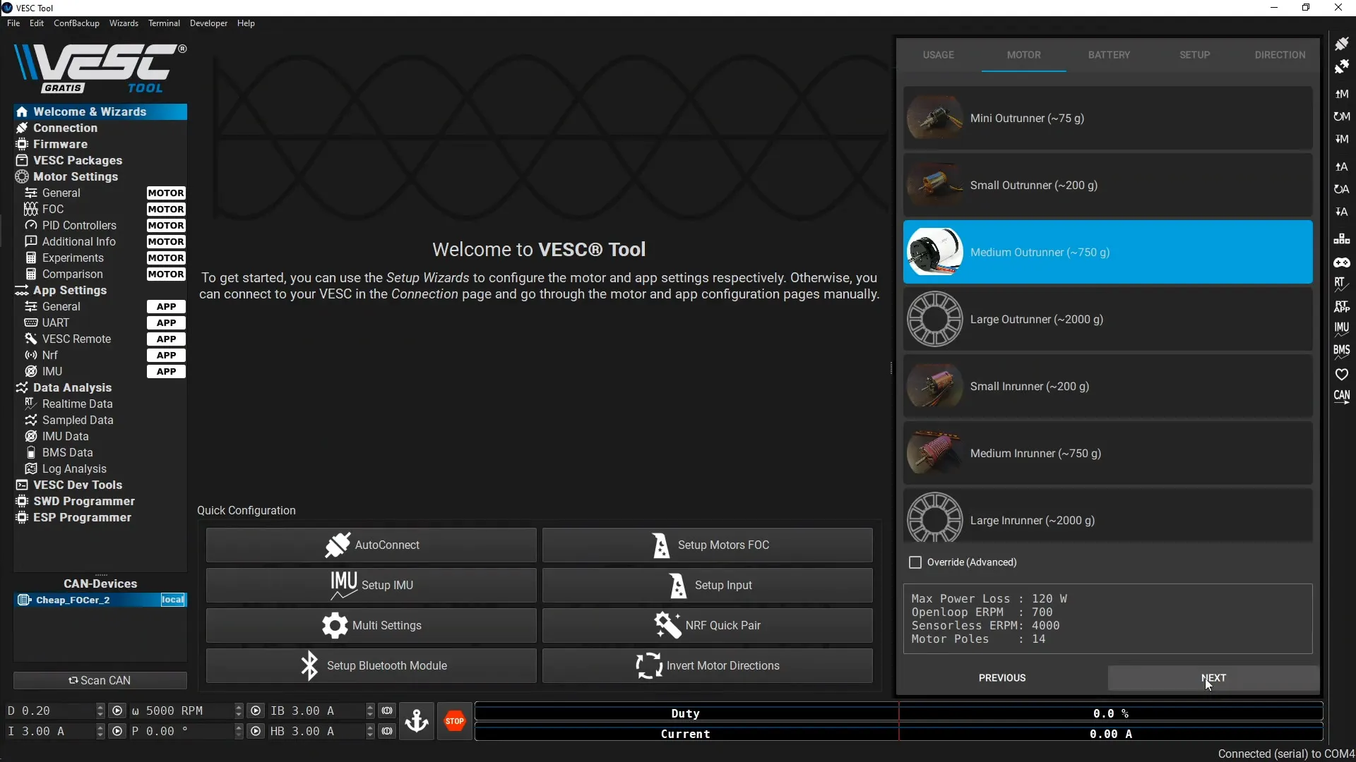 Vertile CFOCer VESC Tool: Select the motor size. I