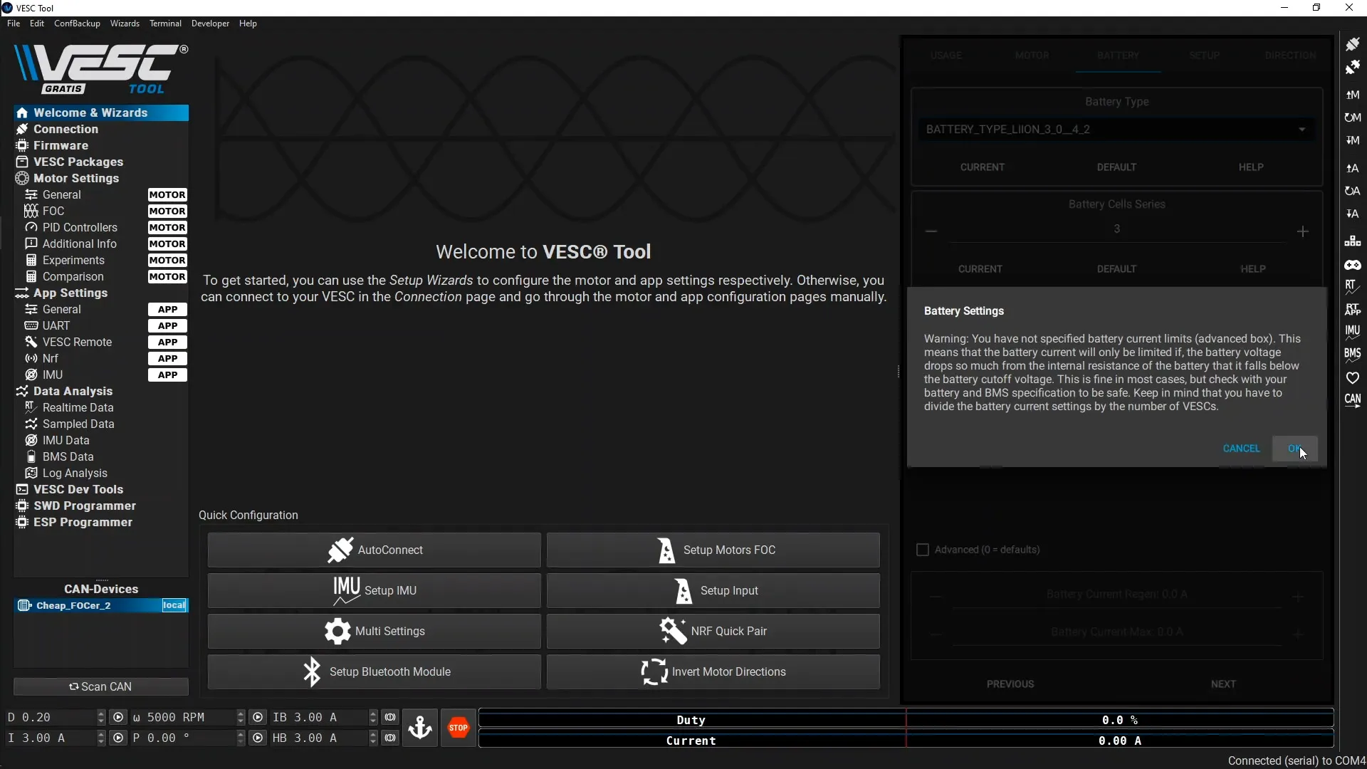 Vertile CFOCer VESC Tool: Accept battery settings.