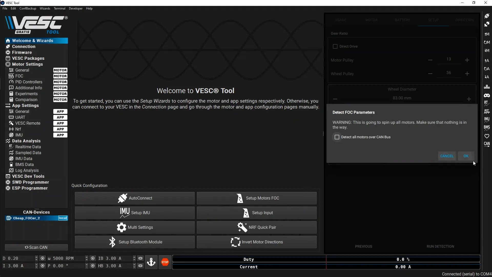Vertile CFOCer VESC Tool: Run motor detection.