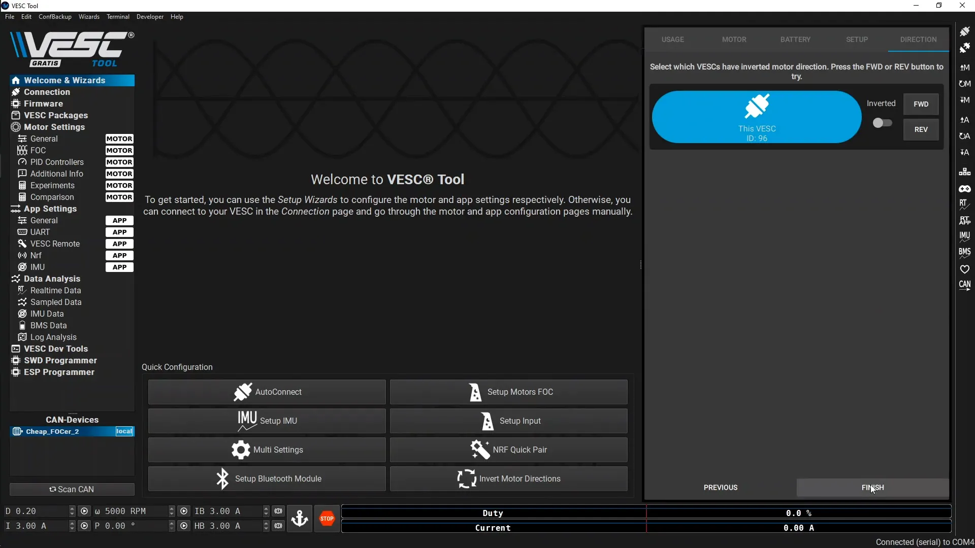Vertile CFOCer VESC Tool: Test motor direction.